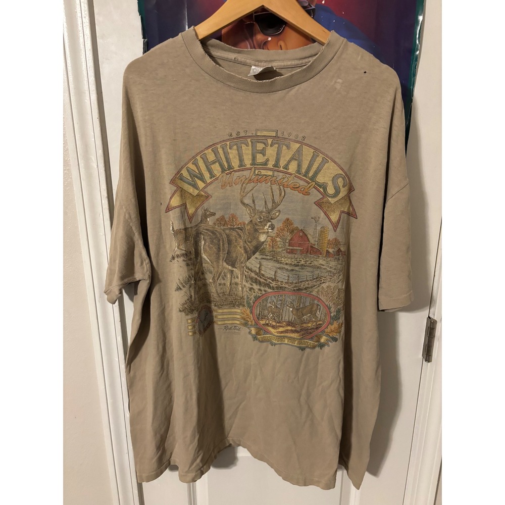 Vintage Whitetails Deer Graphic T-Shirt Oneita Power-T Tan XL Distressed
